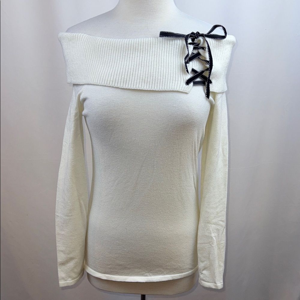 White House Black Market Off-White Sweater with lace-up detail, Small